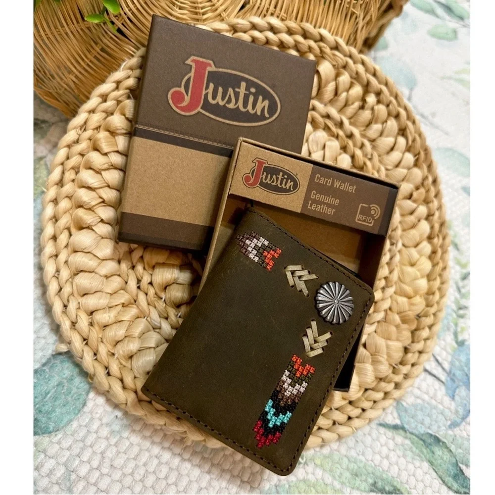 New Justin Boots Genuine Leather Card Wallet Tribal Western Colorful Embroidery